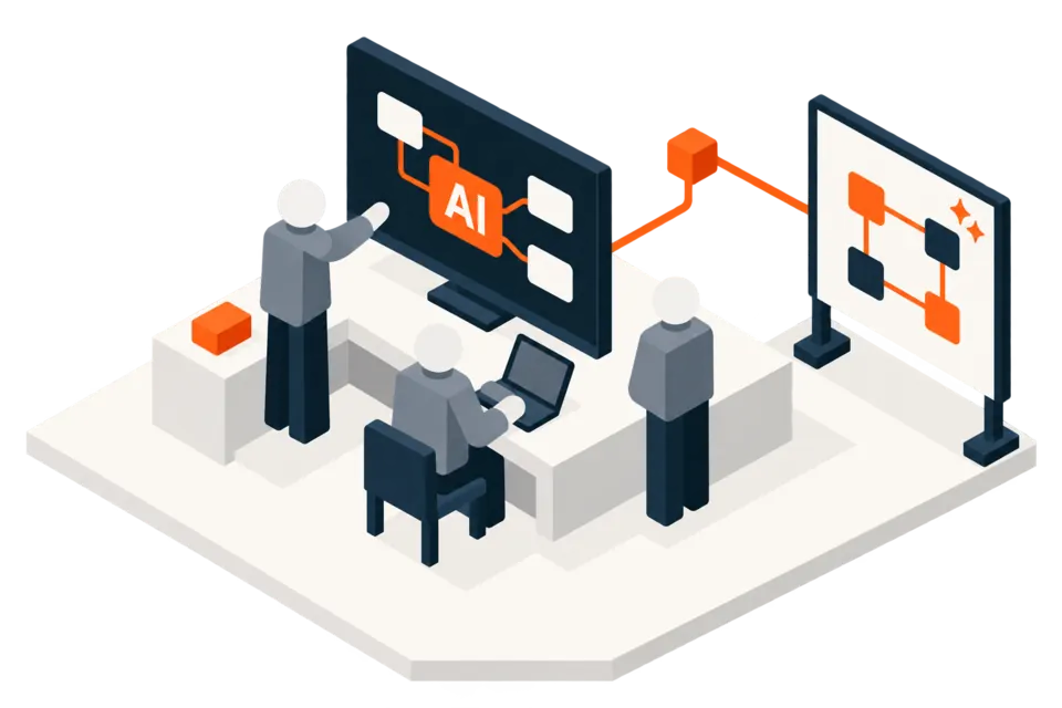 An abstract product, design and engineering team using an AI-assisted workflow shown on their shared screen.