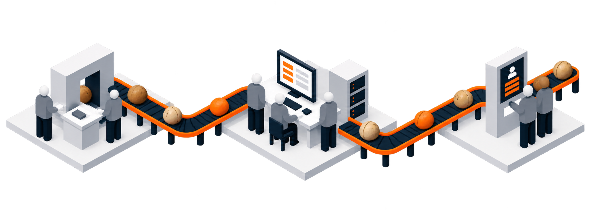 Coconuts moving through a production checkpoint, connected records workstation and worker earnings system.